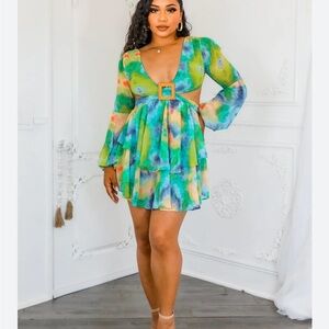Blue and Green Plunge Neck Long Sleeve Cocktail Dress